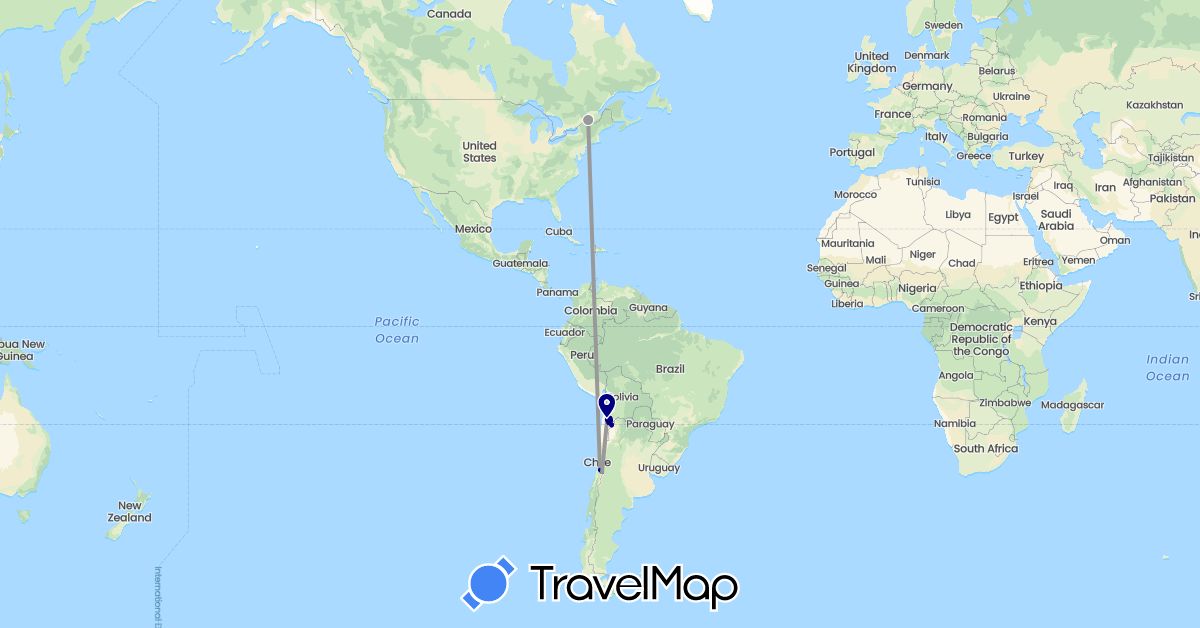 TravelMap itinerary: driving, plane in Canada, Chile (North America, South America)